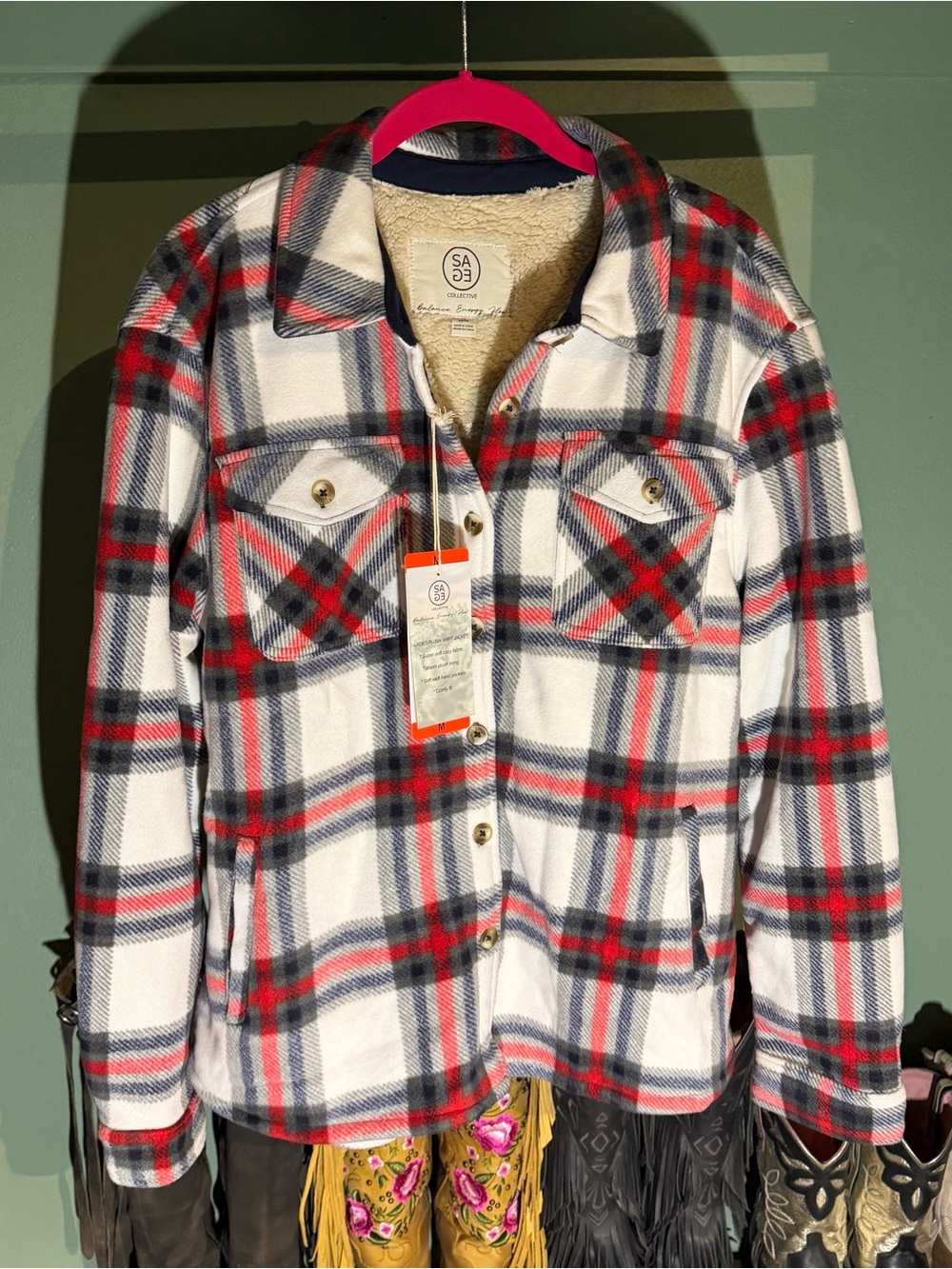 NWT SAGE Plaid Sherpa-Lined Button Front Shacket Flannel shirt jacket medium